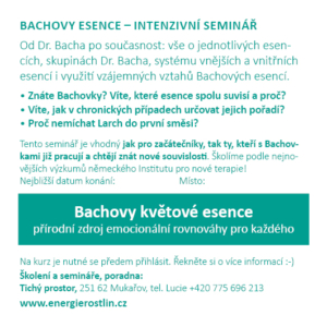 Bachovy esence komplexně - pro odborníky i laickou veřejnost - od Dr. Bacha po současnost Energie rostlin - semináře a workshopy